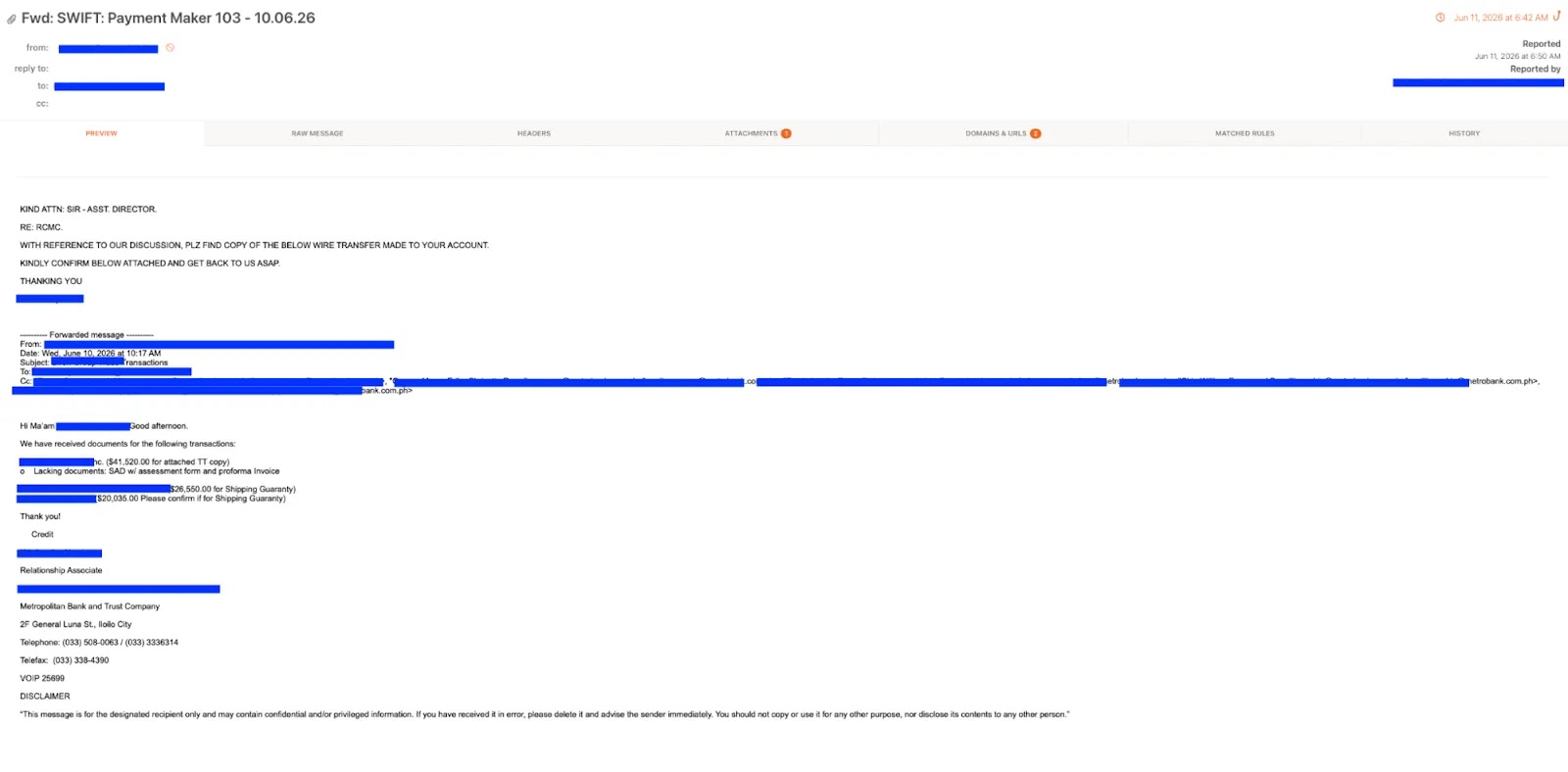 Phishing lure email spoofing Metropolitan Bank and Trust Company (Source - Knowbe4)